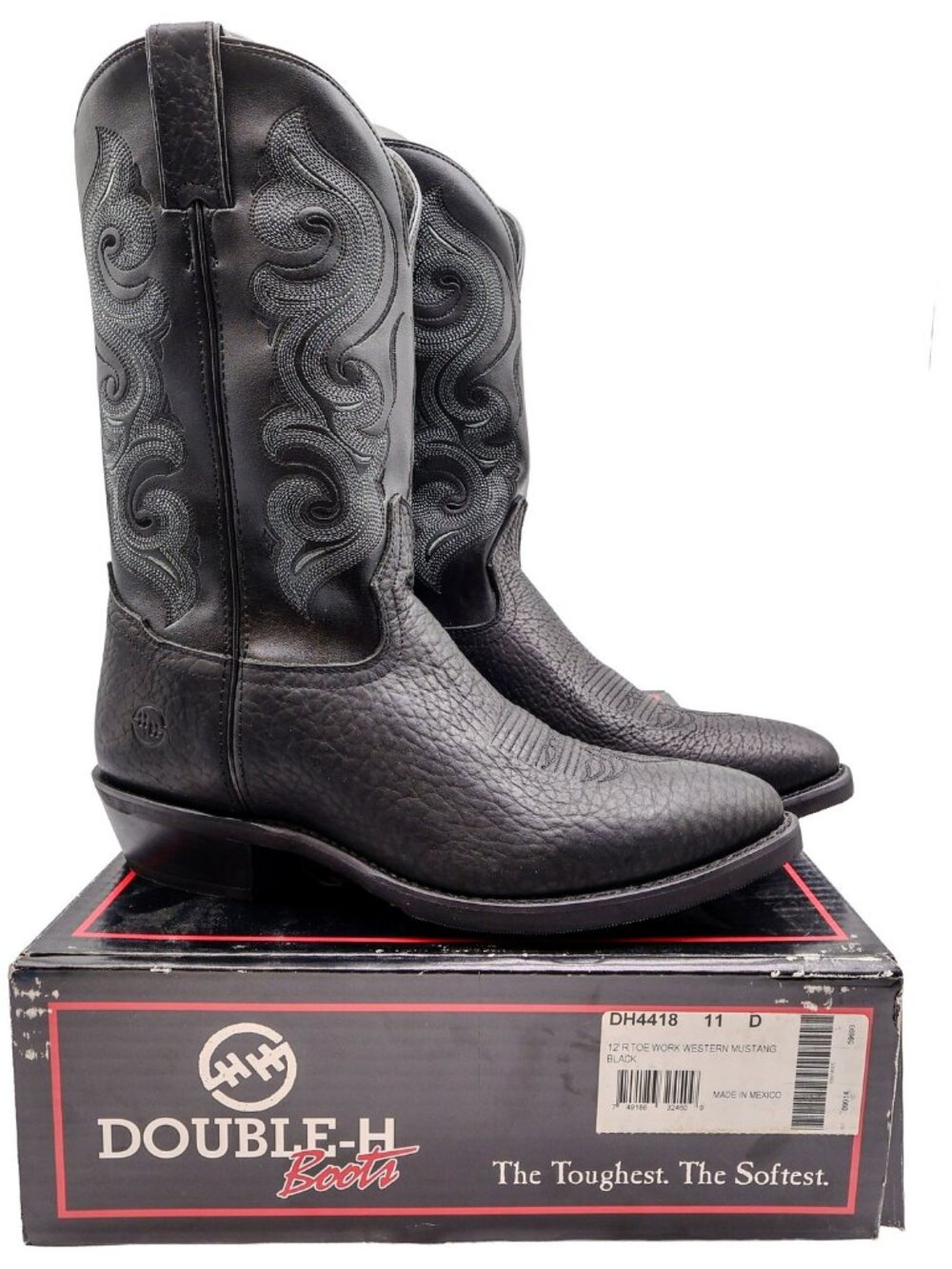 Vintage Double-H Boots Mens 11 D Black Leather 12" R Toe Work Western DH4418 NWB
